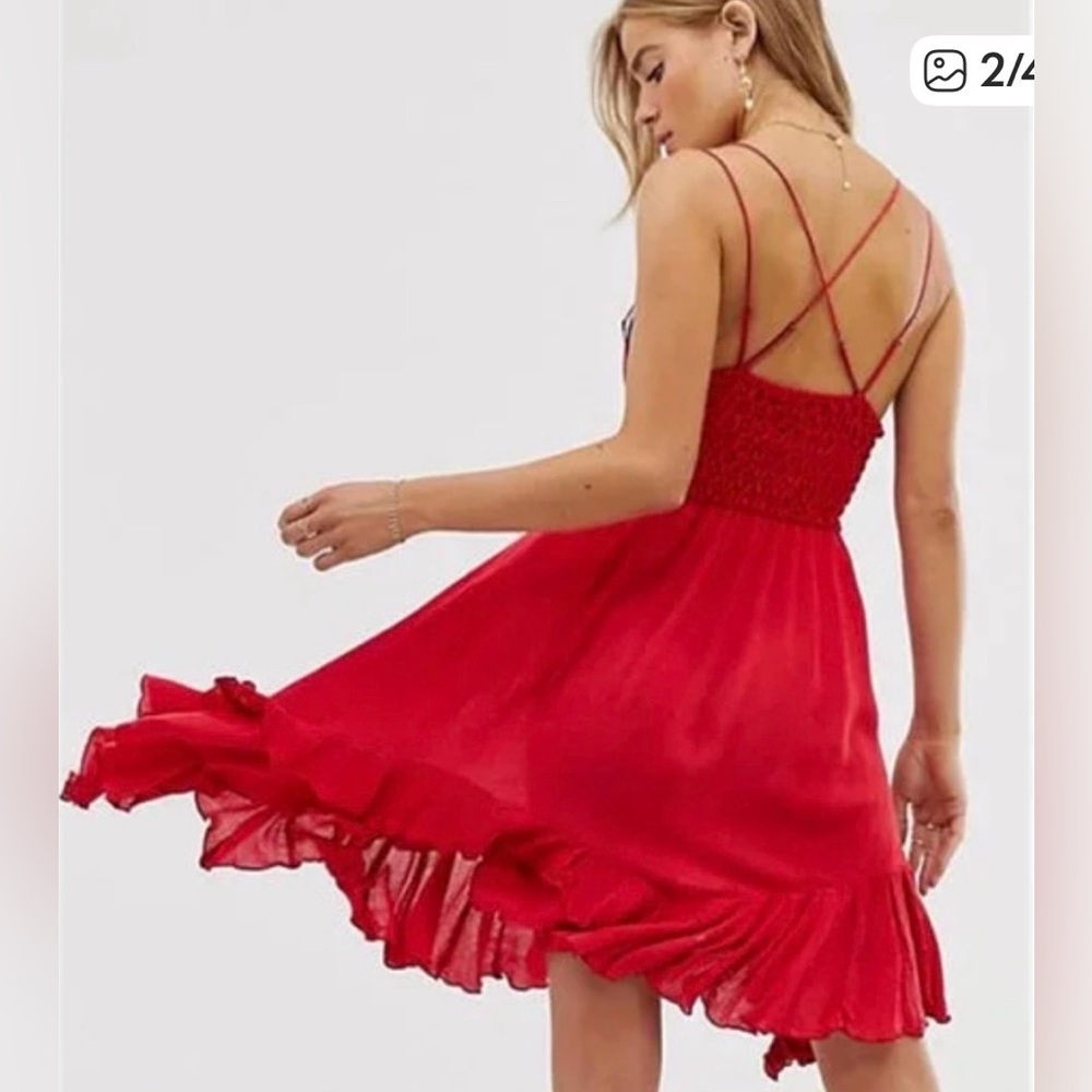 Free People Adella Red Lace Dress Boho SZ XL Beach Peasant Red Lace-Trim Swing - Picture 2 of 12